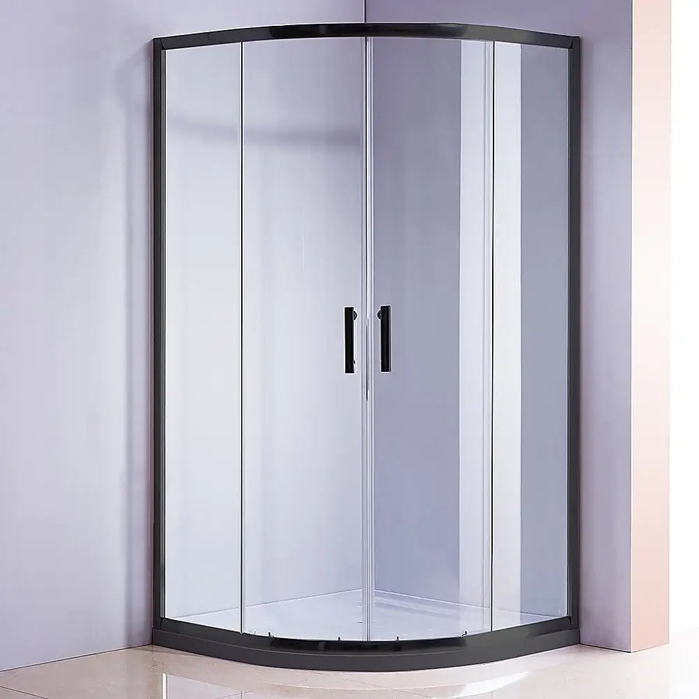 90 x 90cm Black Rounded Sliding 6mm Curved Shower Screen with White Base - Furniture > Bathroom > Shower Heads & Screens