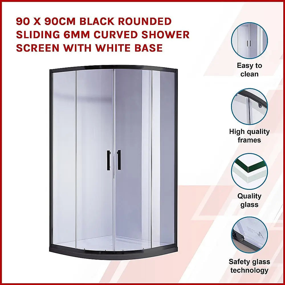 90 x 90cm Black Rounded Sliding 6mm Curved Shower Screen with White Base - Furniture > Bathroom > Shower Heads & Screens