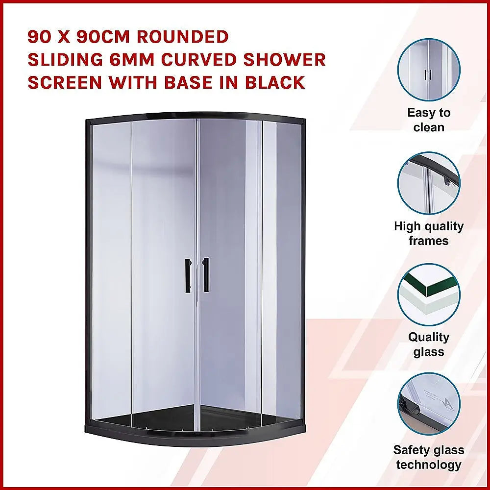 90 x 90cm Rounded Sliding 6mm Curved Shower Screen with Base in Black - Furniture > Bathroom > Shower Heads & Screens