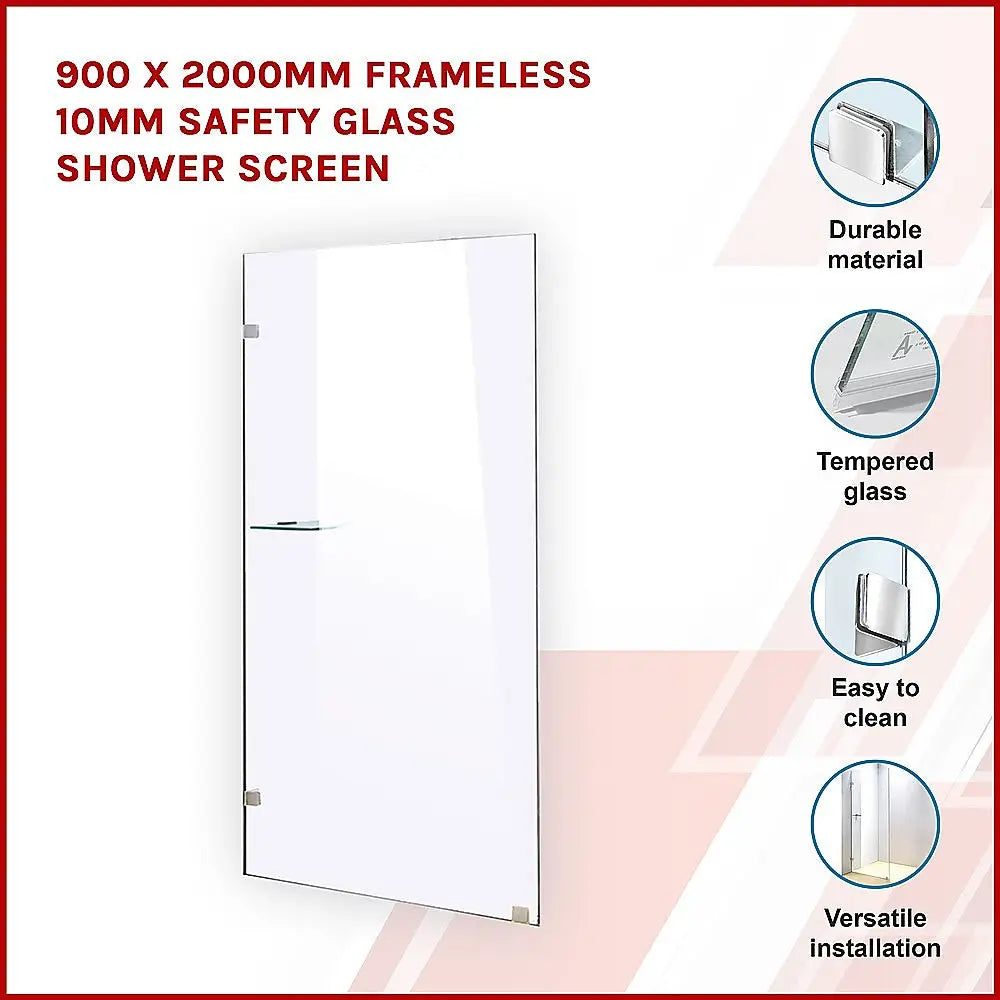 900 x 2000mm Frameless 10mm Safety Glass Shower Screen - Furniture > Bathroom > Shower Heads & Screens