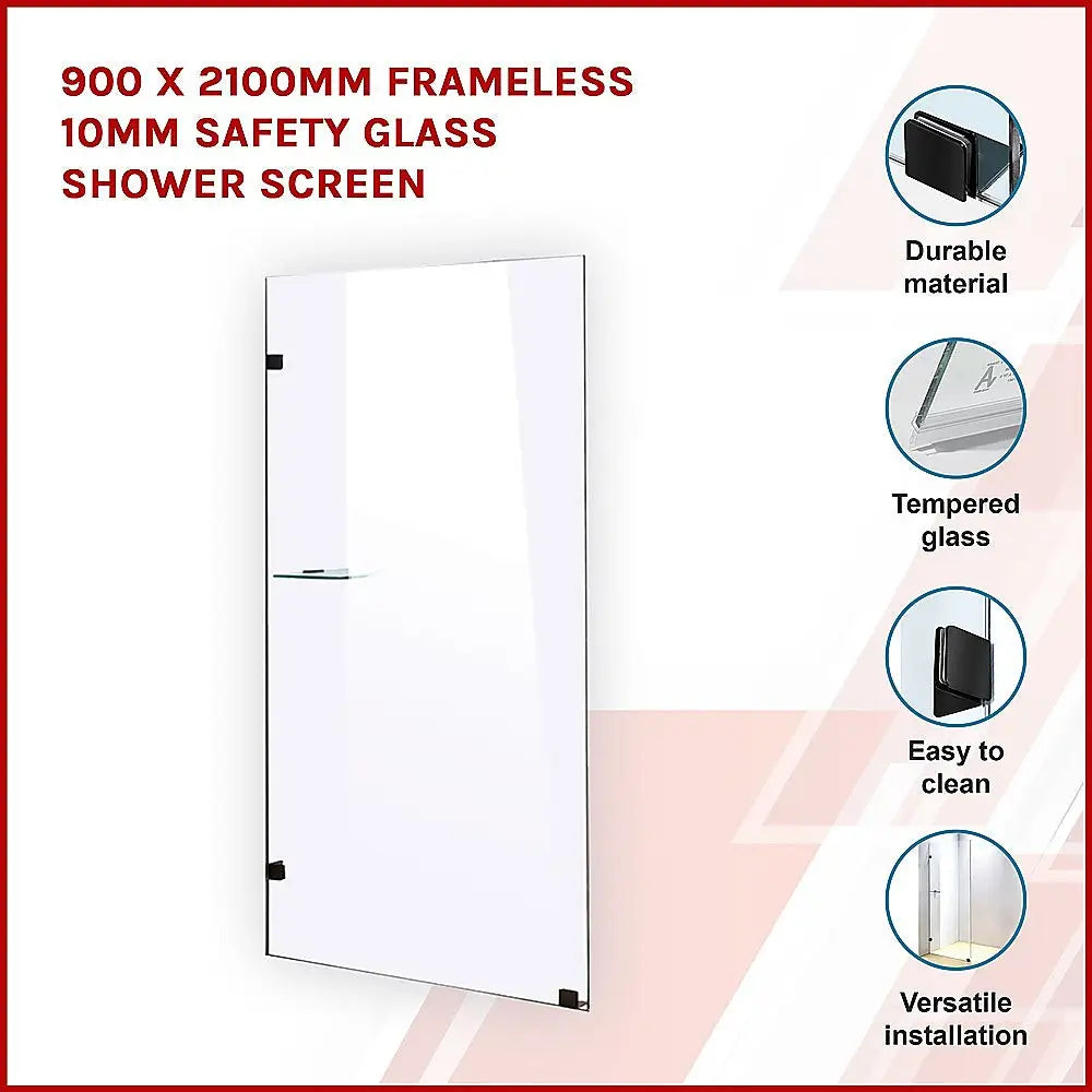 900 x 2100mm Frameless 10mm Safety Glass Shower Screen - Furniture > Bathroom > Shower Heads & Screens