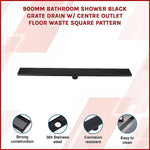 900mm Bathroom Shower Black Grate Drain w/Centre outlet Floor Waste Square Pattern - Home & Garden > DIY > Kitchen &