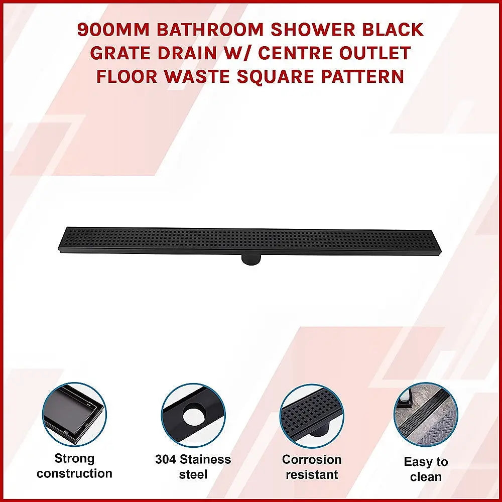 900mm Bathroom Shower Black Grate Drain w/Centre outlet Floor Waste Square Pattern - Home & Garden > DIY > Kitchen &
