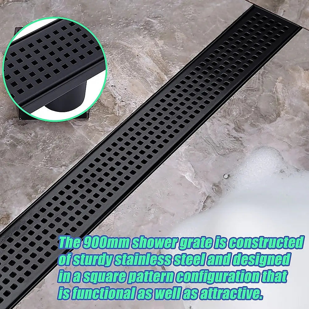 900mm Bathroom Shower Black Grate Drain w/Centre outlet Floor Waste Square Pattern - Home & Garden > DIY > Kitchen &