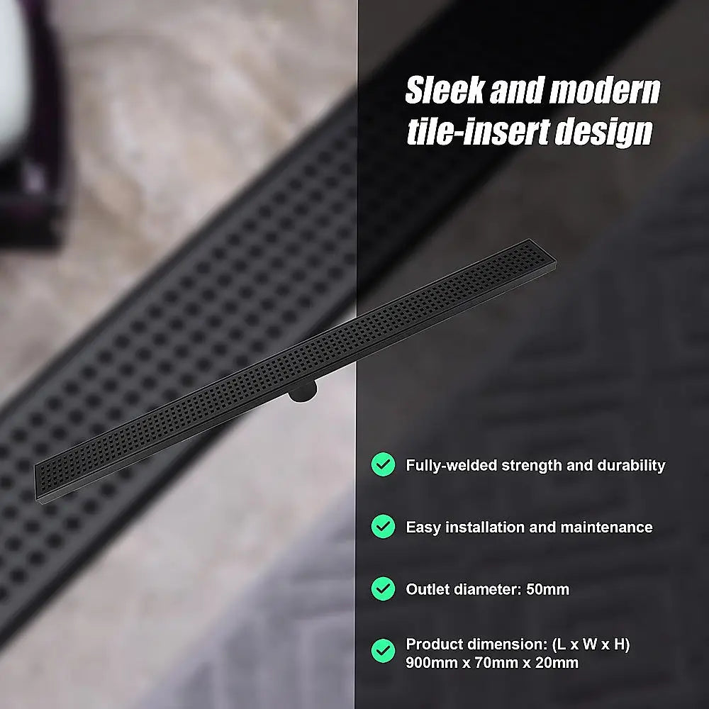 900mm Bathroom Shower Black Grate Drain w/Centre outlet Floor Waste Square Pattern - Home & Garden > DIY > Kitchen &