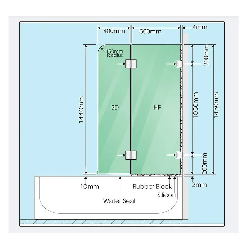 90cm Frameless Glass Bath Screen with Stainless Steel Brackets - White - Furniture > Bathroom > Shower Heads & Screens