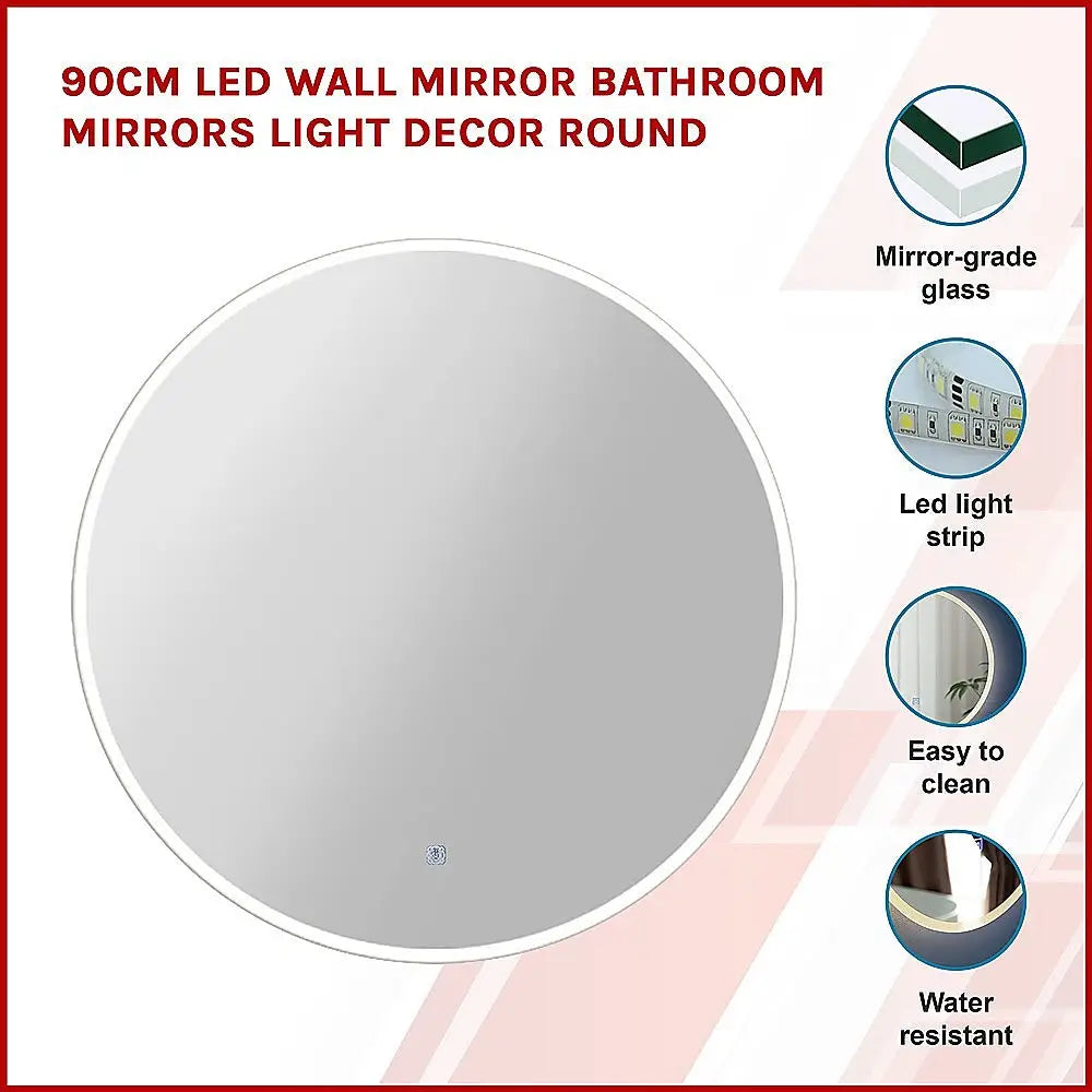 90cm LED Wall Mirror Bathroom Mirrors Light Decor Round - Home & Garden > Bathroom Accessories