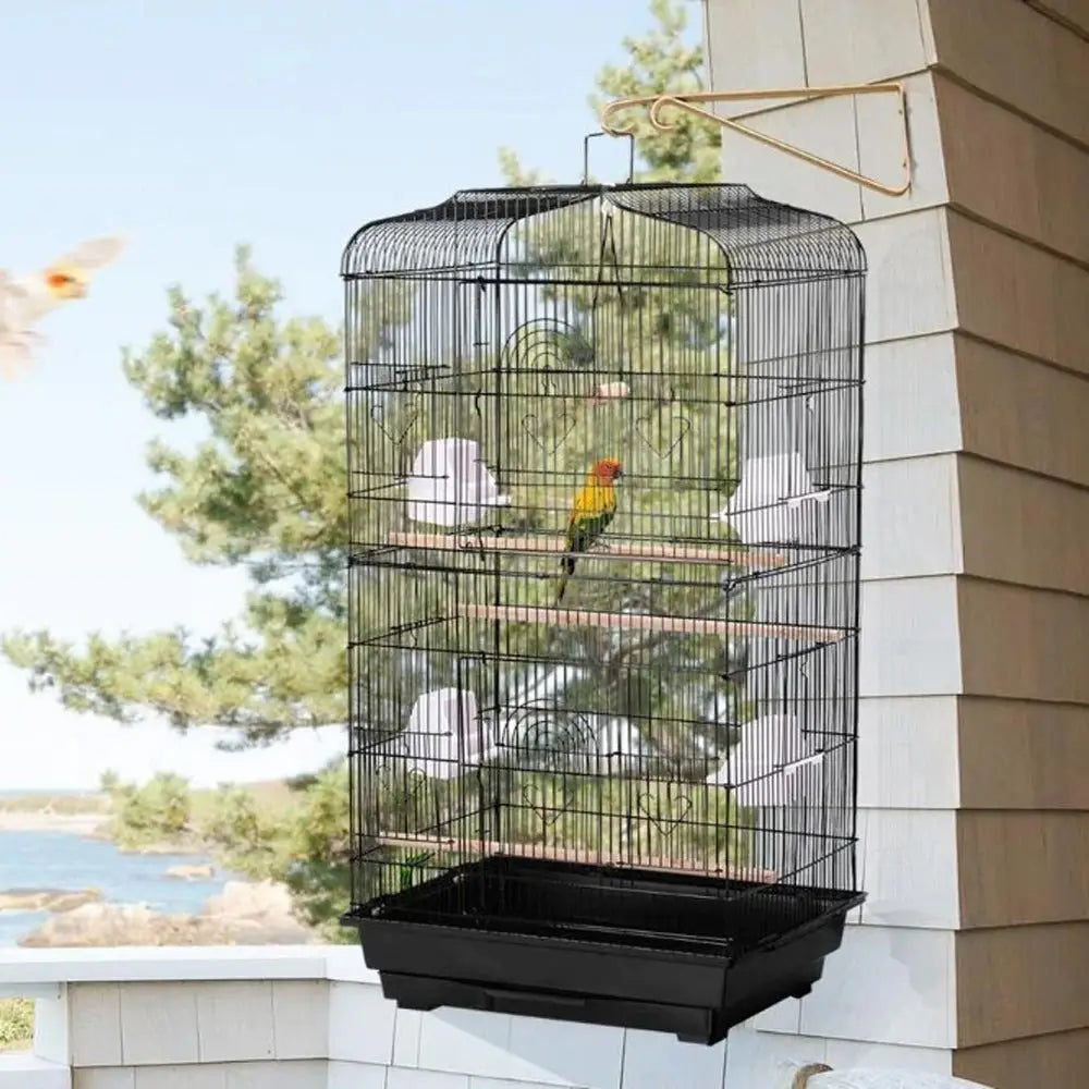 92cm Large Portable Wire Bird Cage Birdcage Parrot Cage Wooden Stand Pole Feeding Cup Black - Pet Care > Bird > Bird