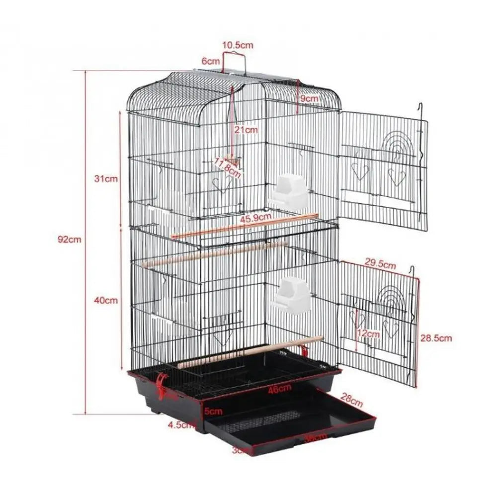 92cm Large Portable Wire Bird Cage Birdcage Parrot Cage Wooden Stand Pole Feeding Cup Black - Pet Care > Bird > Bird
