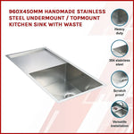 960x450mm Handmade Stainless Steel Undermount / Topmount Kitchen Sink with Waste - Furniture > Bathroom > Sinks