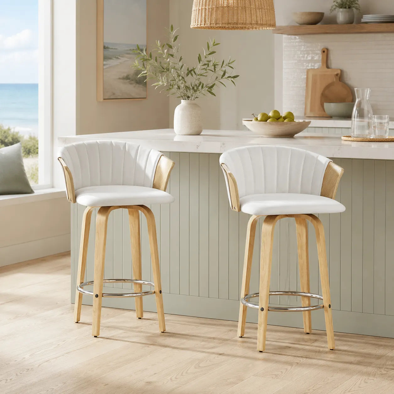 Artiss Ricardo Swivel Bar Stools with White PU Leather Seats, Set of 2