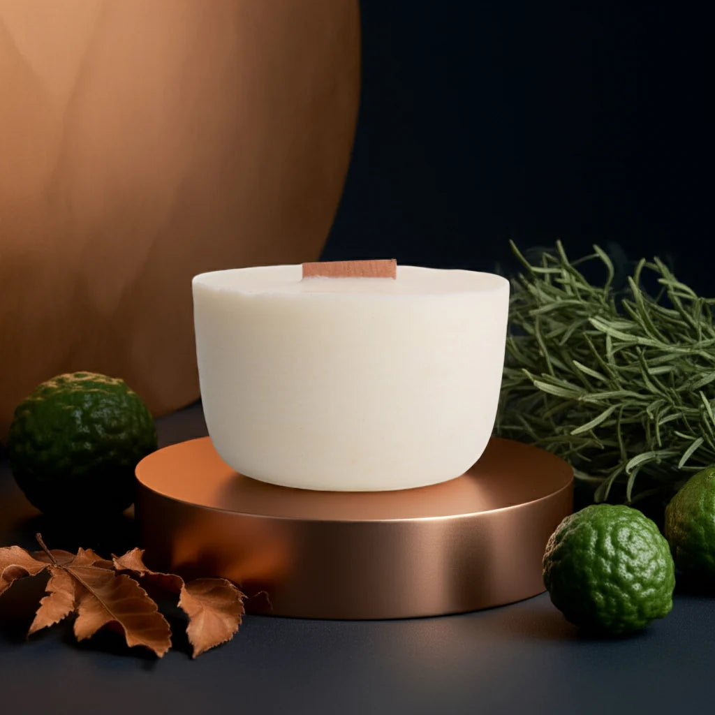 White candle on a bronze base with greenery and leaves in the background