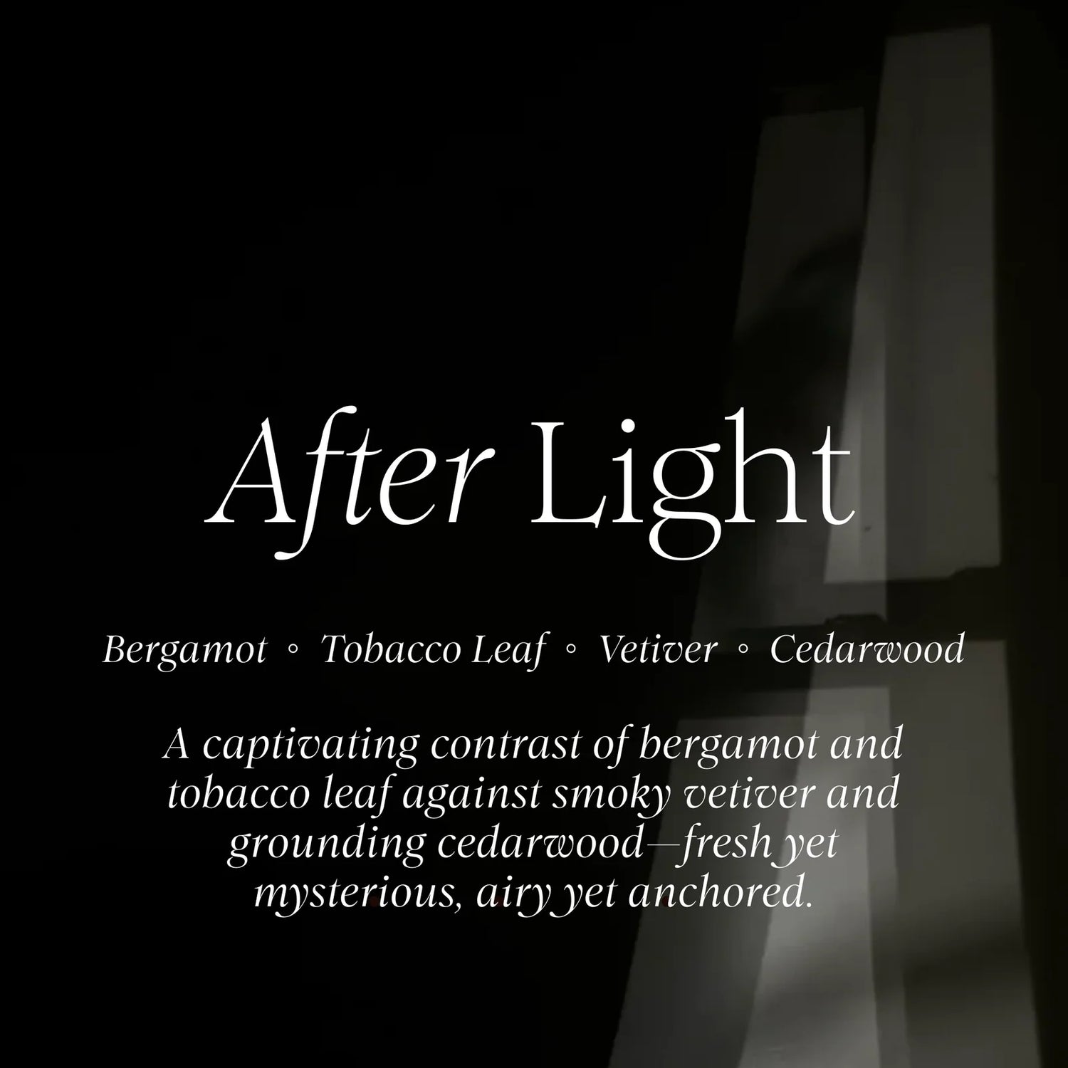 Text description of a fragrance blend with 'After Light' branding on a black background.