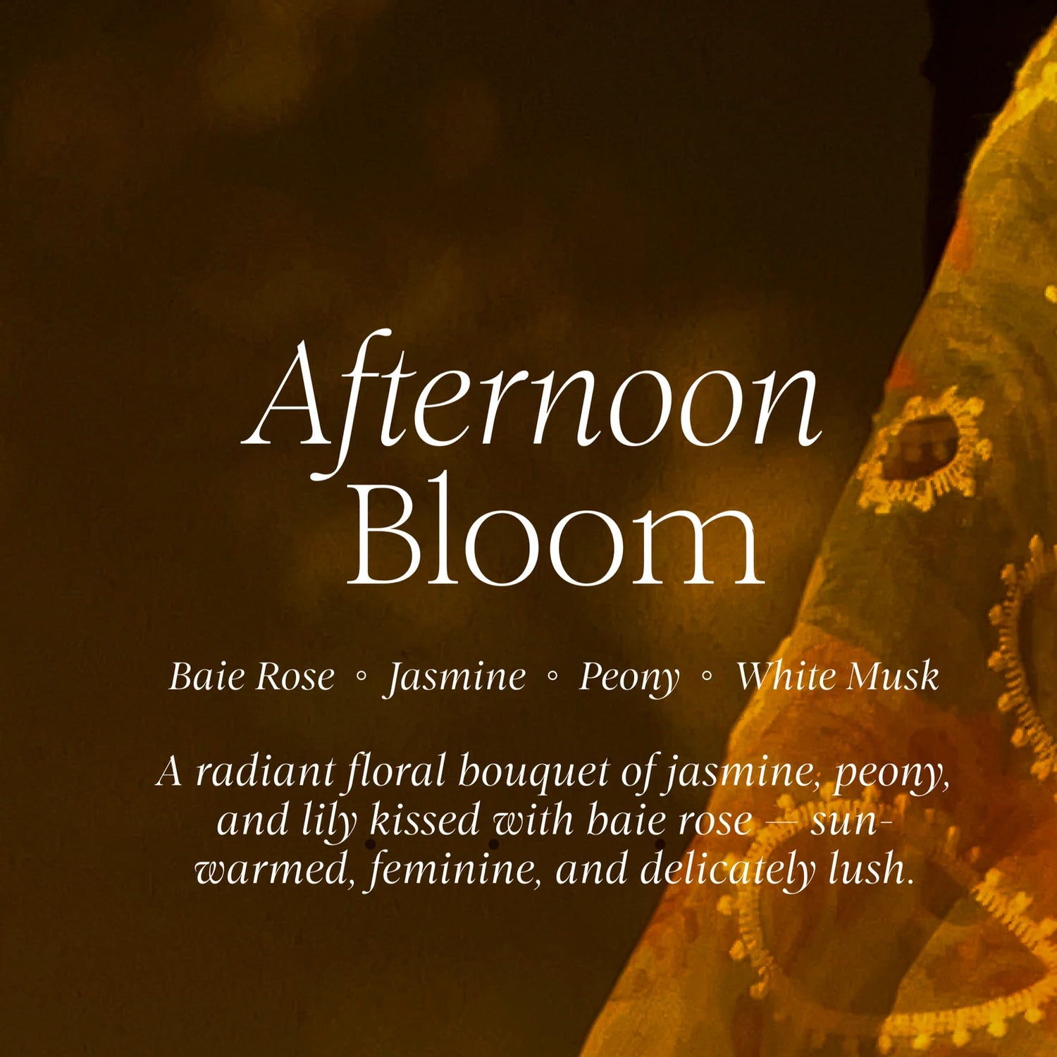 Product description card for 'Afternoon Bloom' with floral bouquet imagery.