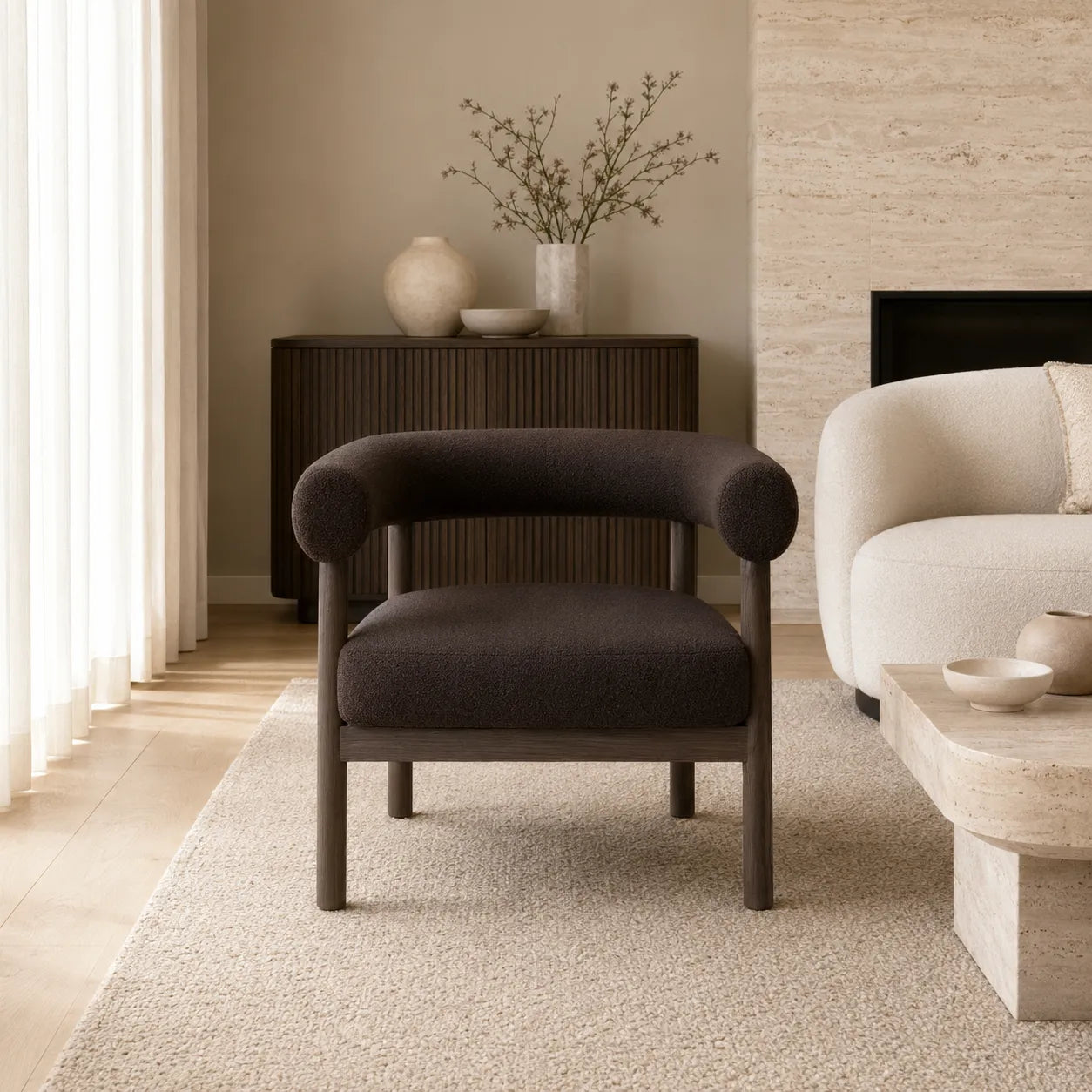 Alouette Dark Brown Fabric Lounge Chair with Smoked Oak Frame