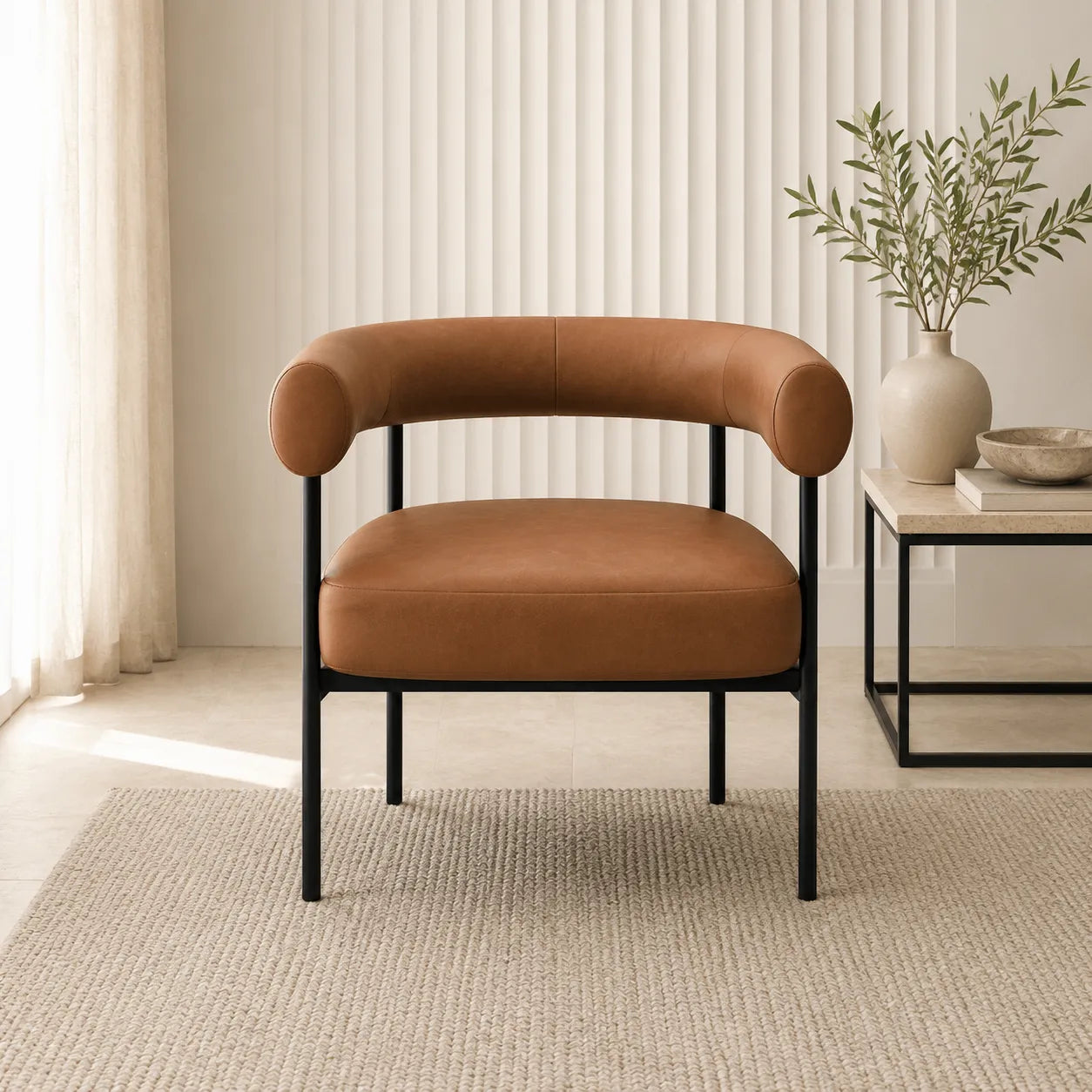 Alouette Tan Brown Faux Leather Lounge Chair with Black Steel Frame