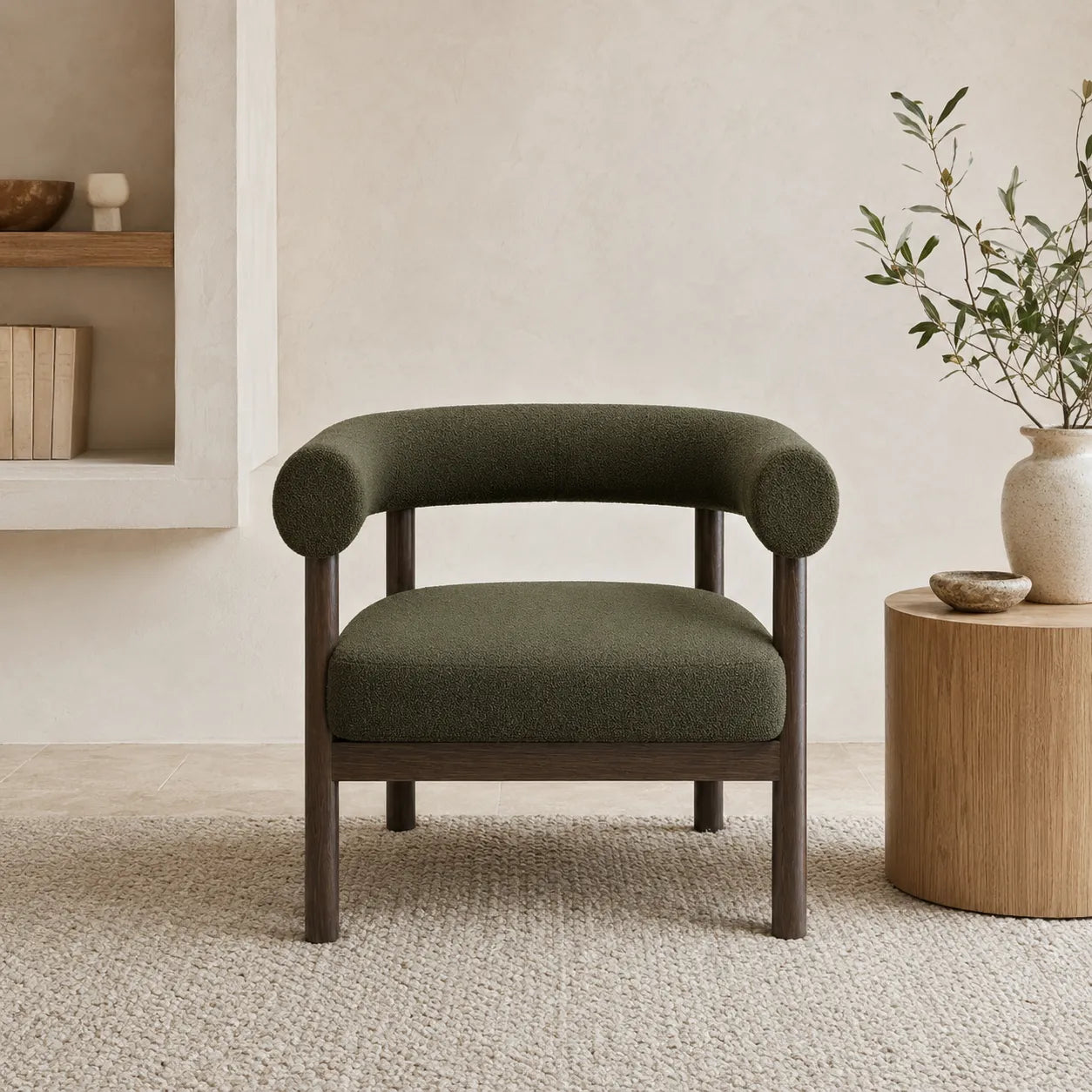 Alouette Olive Green Fabric Lounge Chair with Smoked Oak Frame