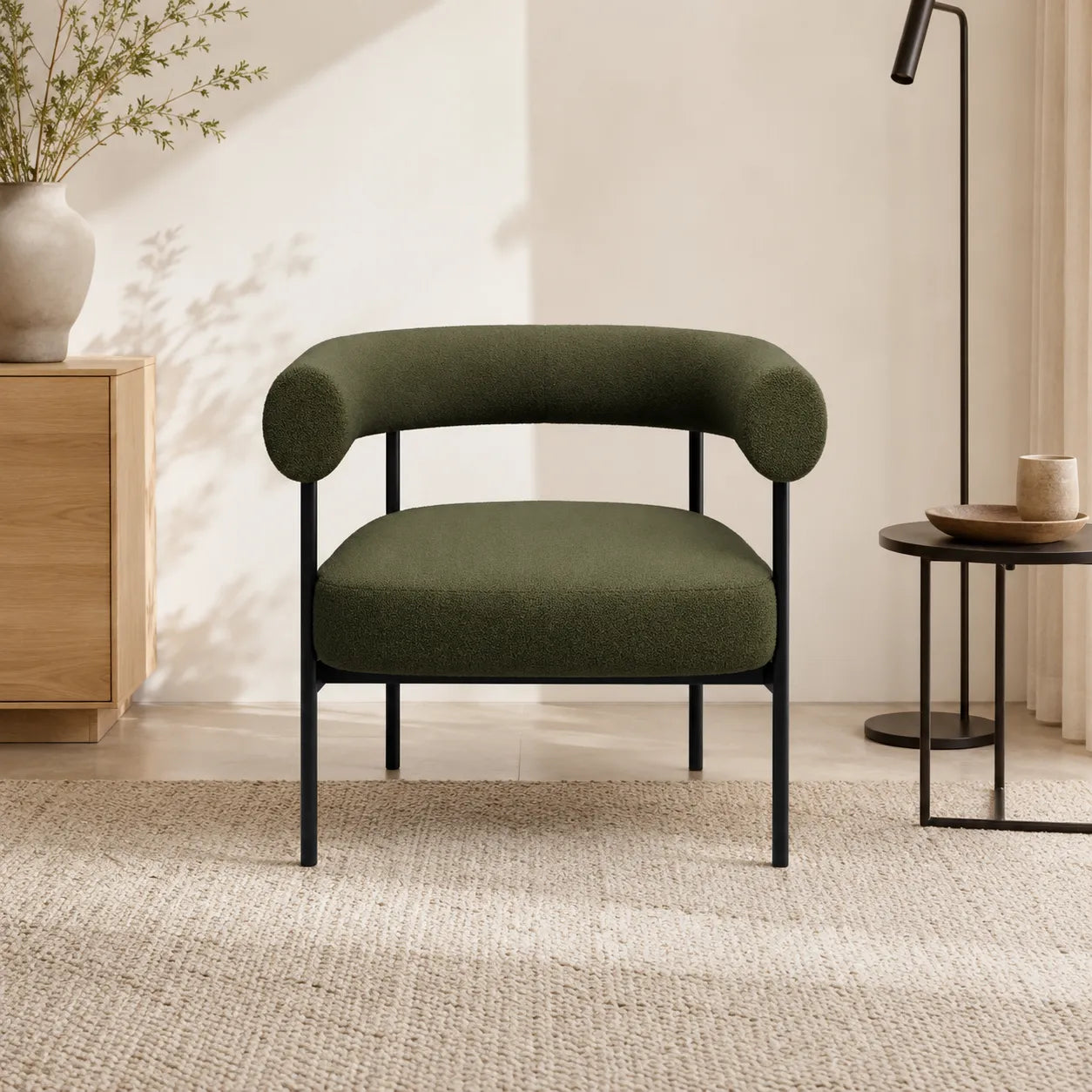 Alouette Olive Green Fabric Lounge Chair with Black Steel Frame