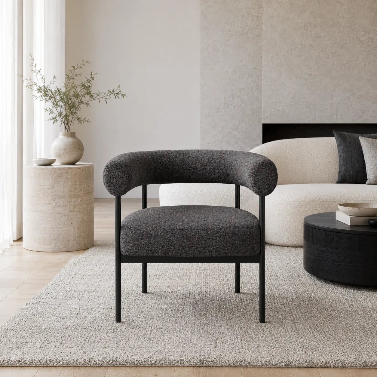 Alouette Dark Grey Fabric Lounge Chair with Black Steel Frame