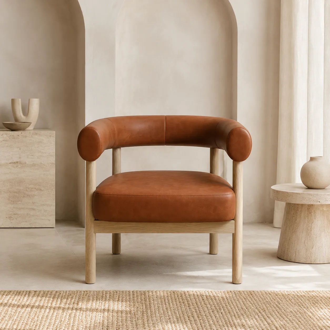 Alouette Tan Brown Faux Leather Lounge Chair with Natural Oak Frame