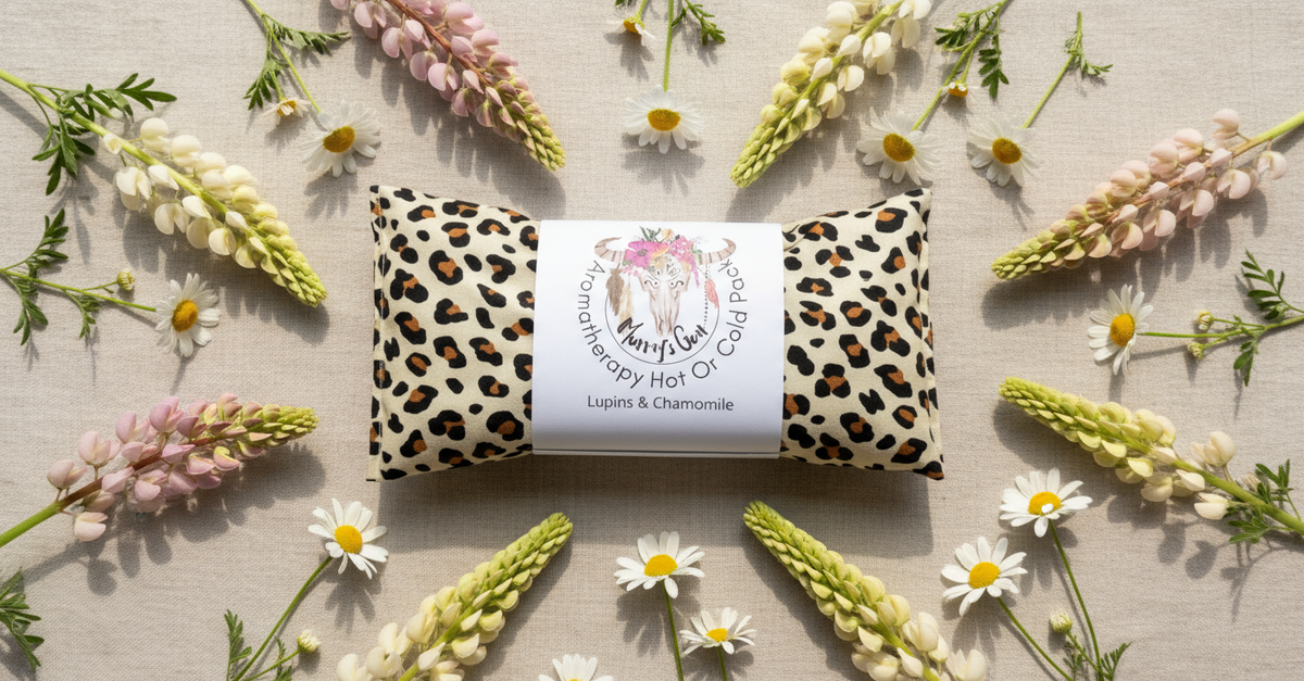 Leopard print  heat pack with a label surrounded by flowers on a neutral background