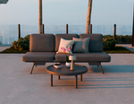 Gray outdoor sofa with cushions and a small table on a patio with palm trees in the background.