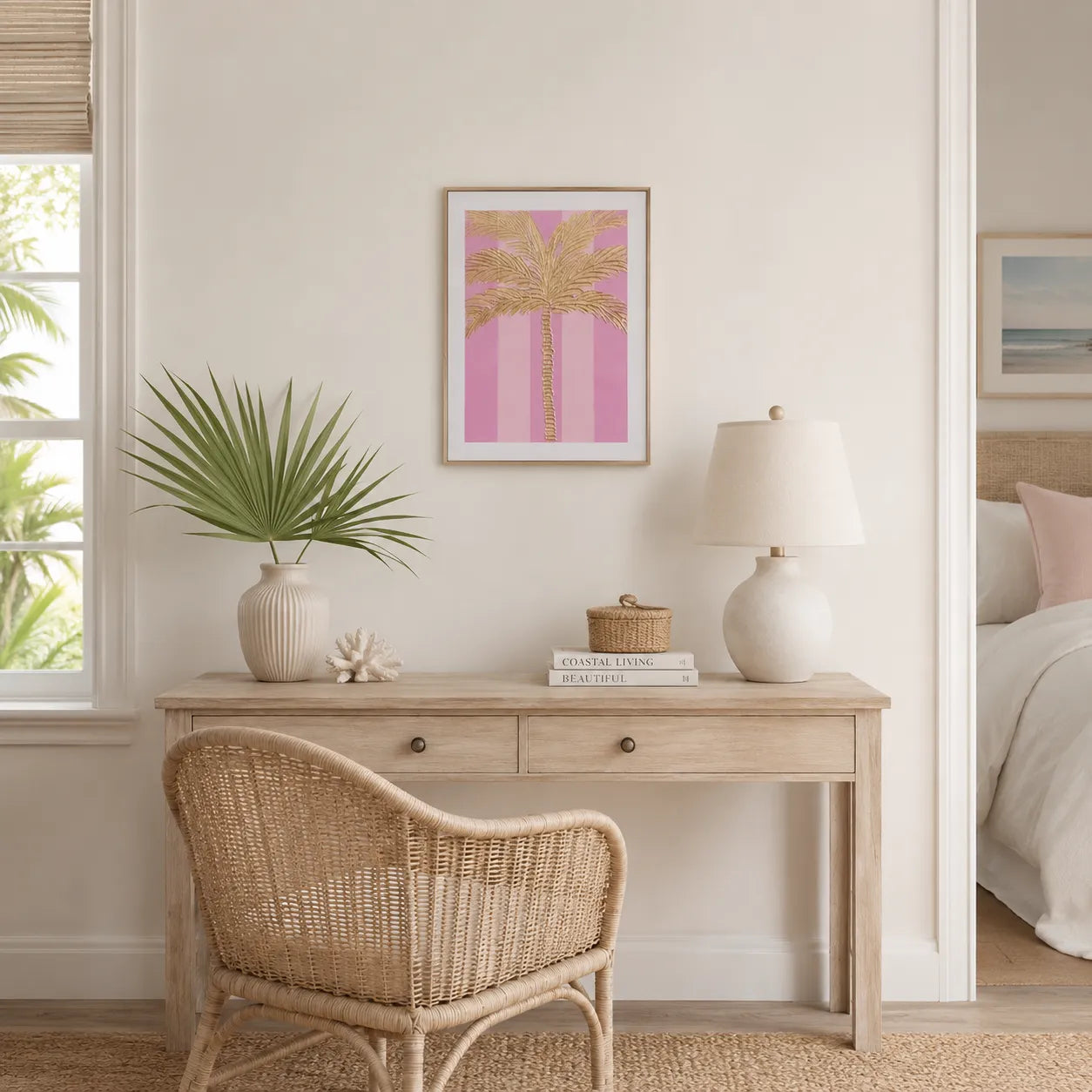 A framed art print featuring a pink and gold palm tree design, styled on a cream wall above a light wood desk with a wicker chair, lamp, and plant.
