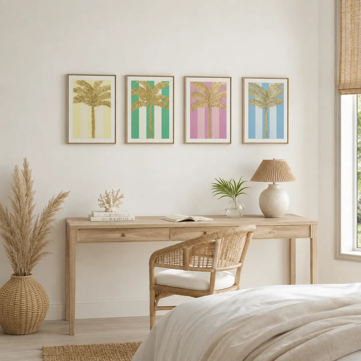 Four framed vertical art prints featuring stylized palm trees in pastel yellow, green, pink, and blue, displayed on a wall above a light wood desk in a bright, modern bedroom.