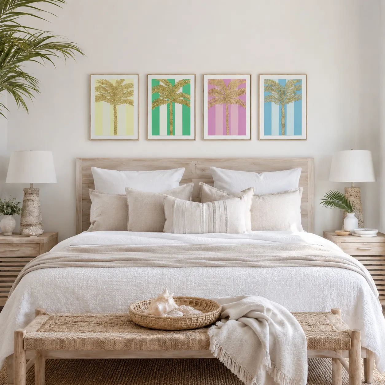 A styled bedroom scene with a bed dressed in white and beige linens, flanked by matching bedside tables and lamps. Above the bed, four framed wall art prints with colorful palm tree illustrations are displayed on a light beige wall.