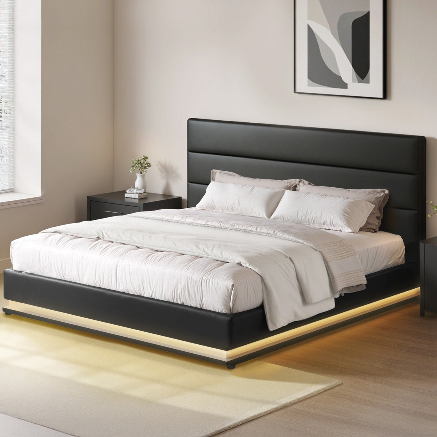 Artiss Bed Frame King Size LED Gas Lift Black LUMI
