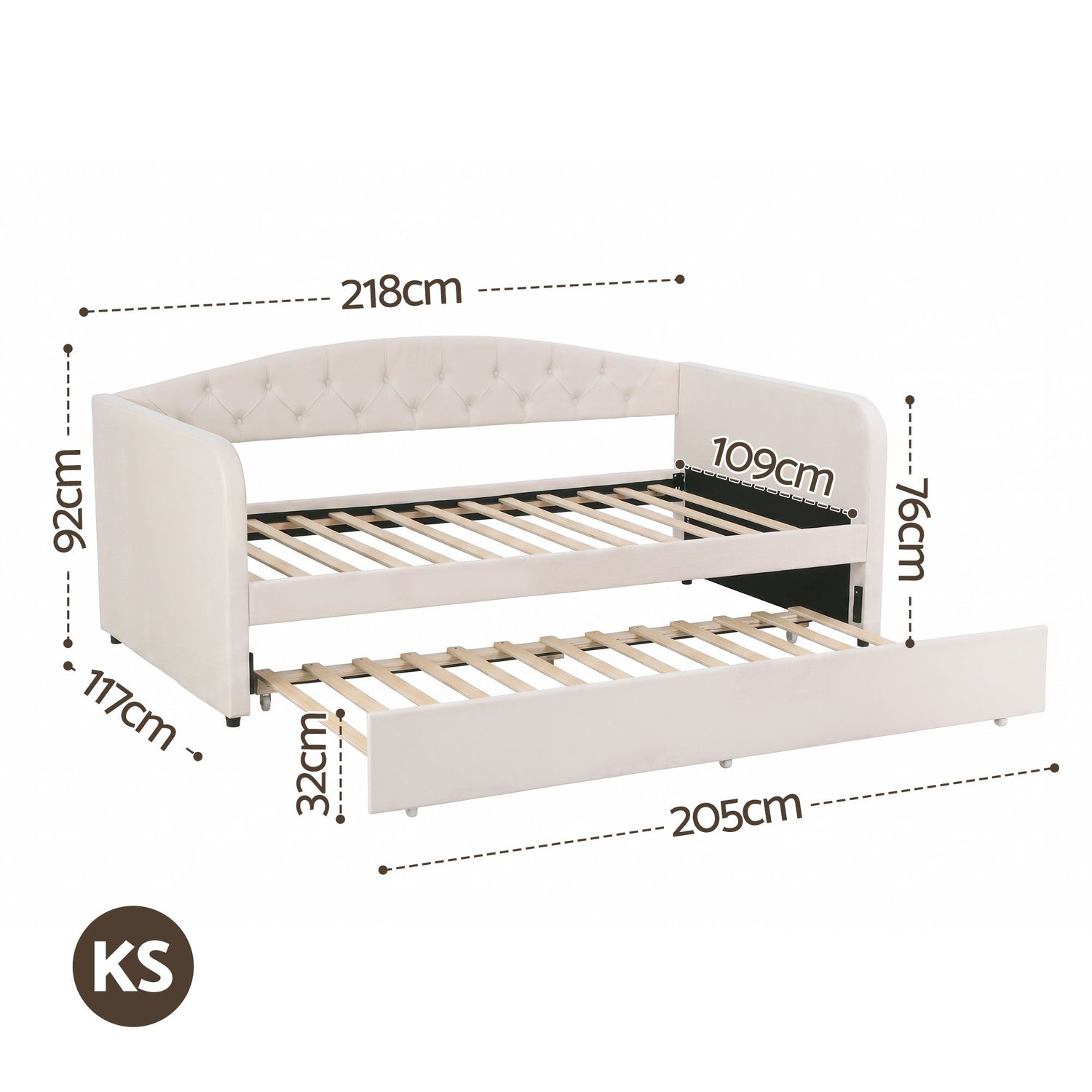 Artiss King Single Daybed Velvet Trundle Bed Frame Tufted Guest Bed