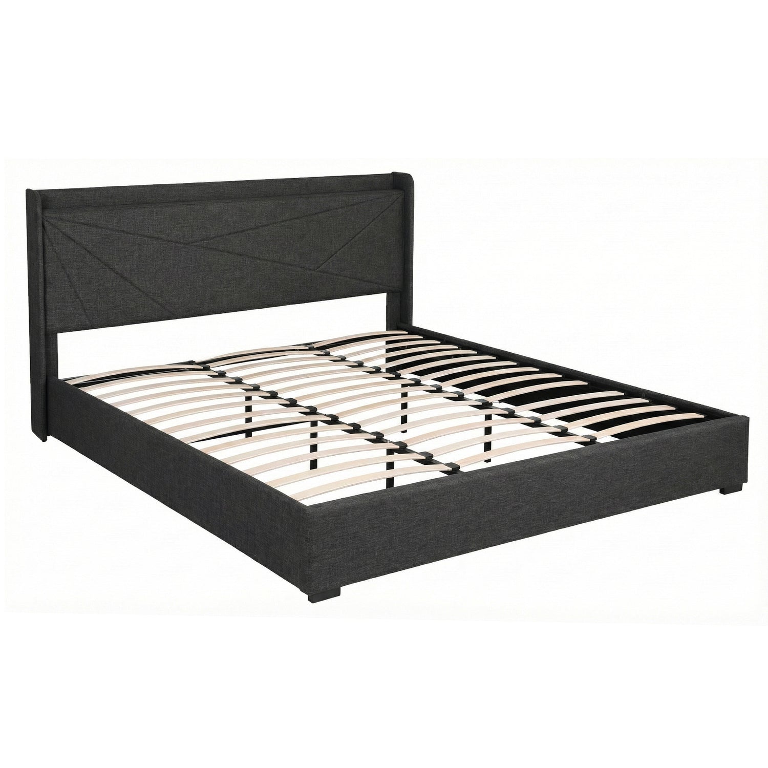 Artiss King Bed Frame Gas Lift Storage Bed with Charging Ports Upholstered Geometric Headboard Charcoal Grey