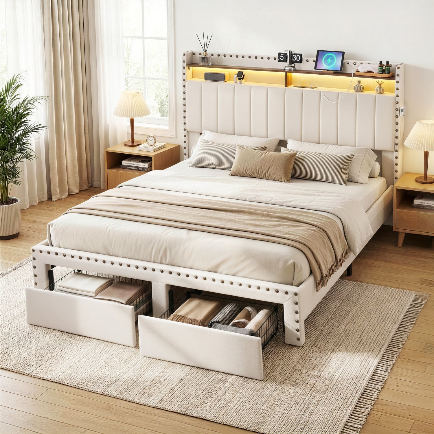 Artiss Queen Upholstered Bed Frame with Shelf Storage Drawers Charging Station Mood Lighting Linen