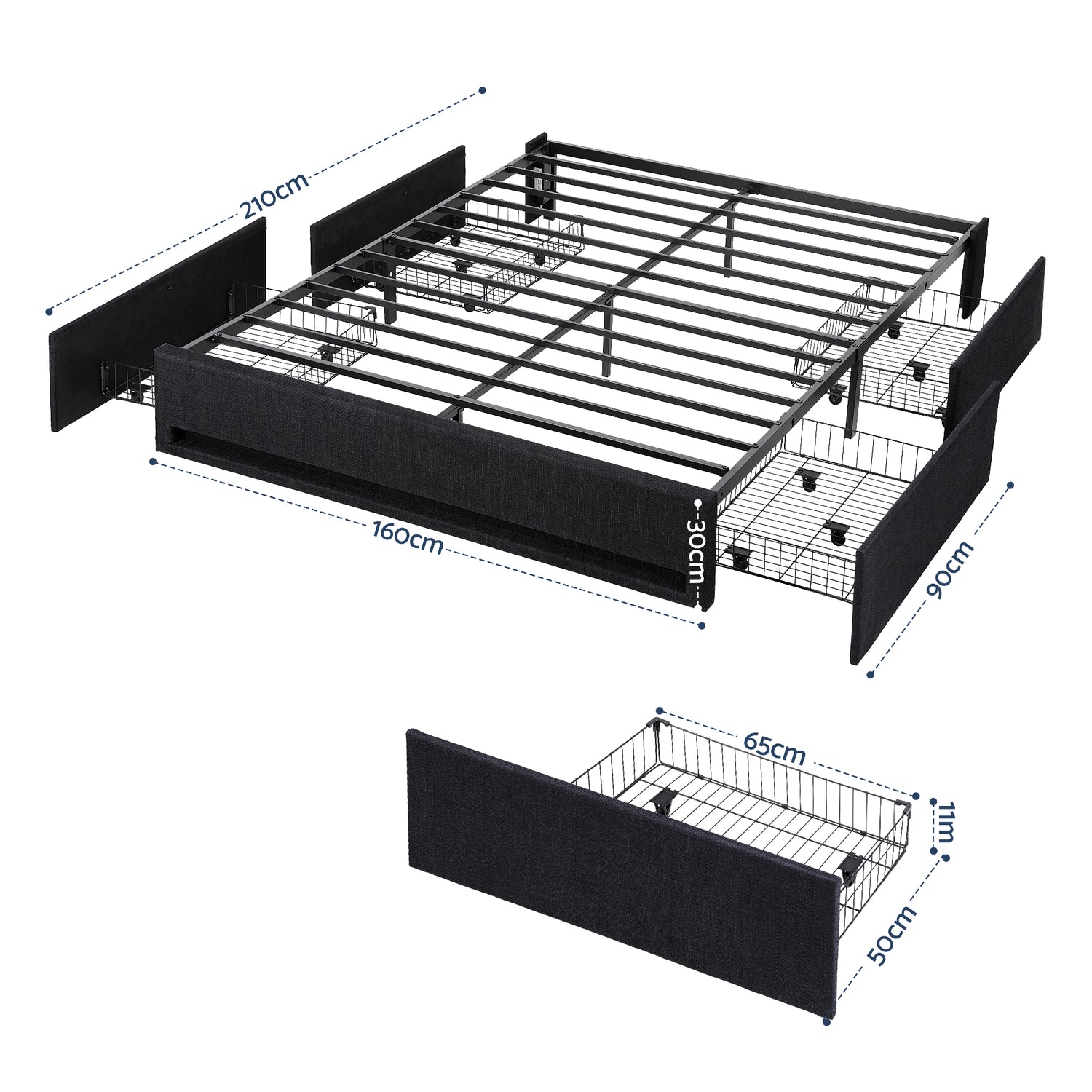 Artiss Queen Bed Frame with Storage Drawers RGB Lights Charging Station Upholstered Fabric