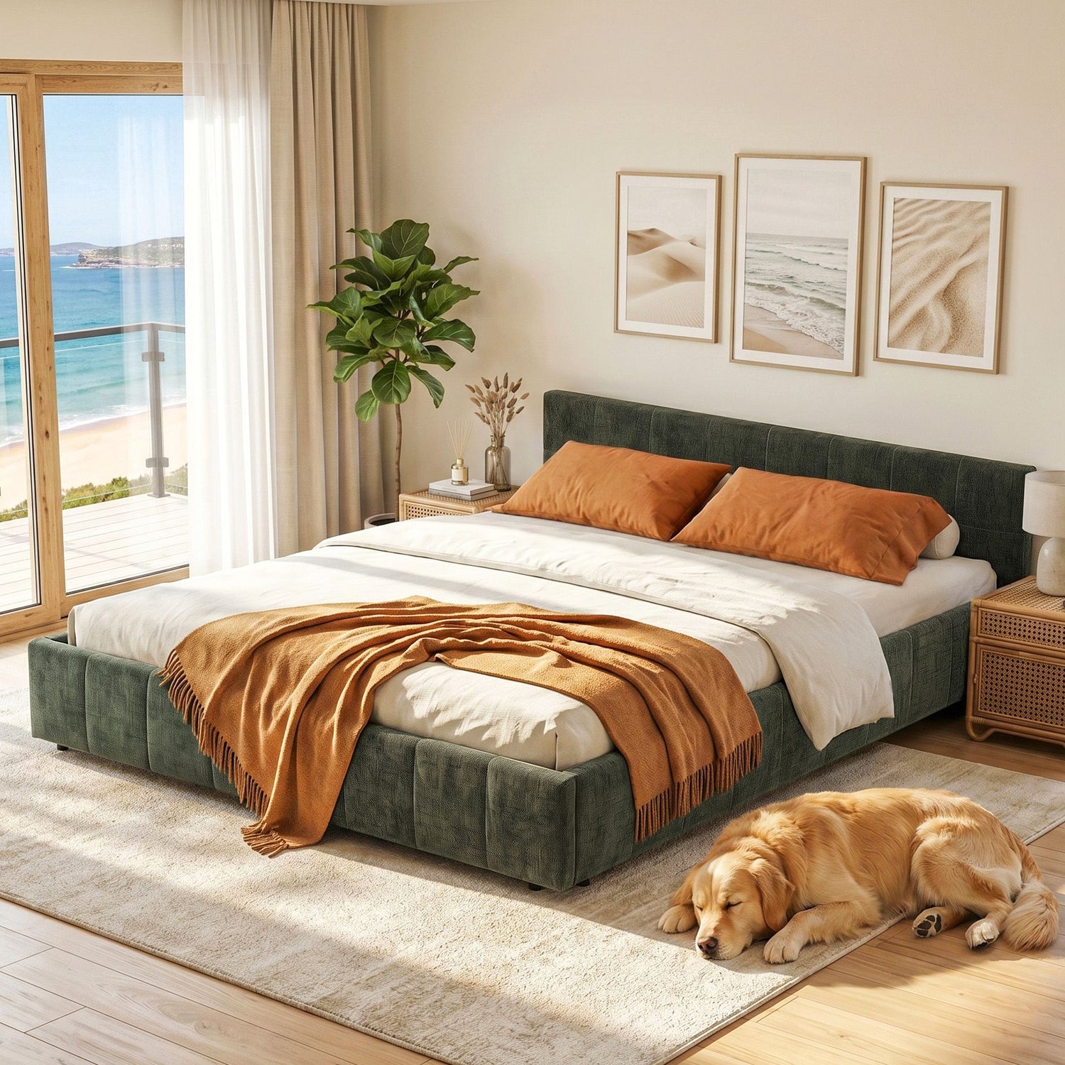 Artiss Queen Bed Frame Chenille Heavy Duty Platform Base Green 300kg Support No Box Spring Needed