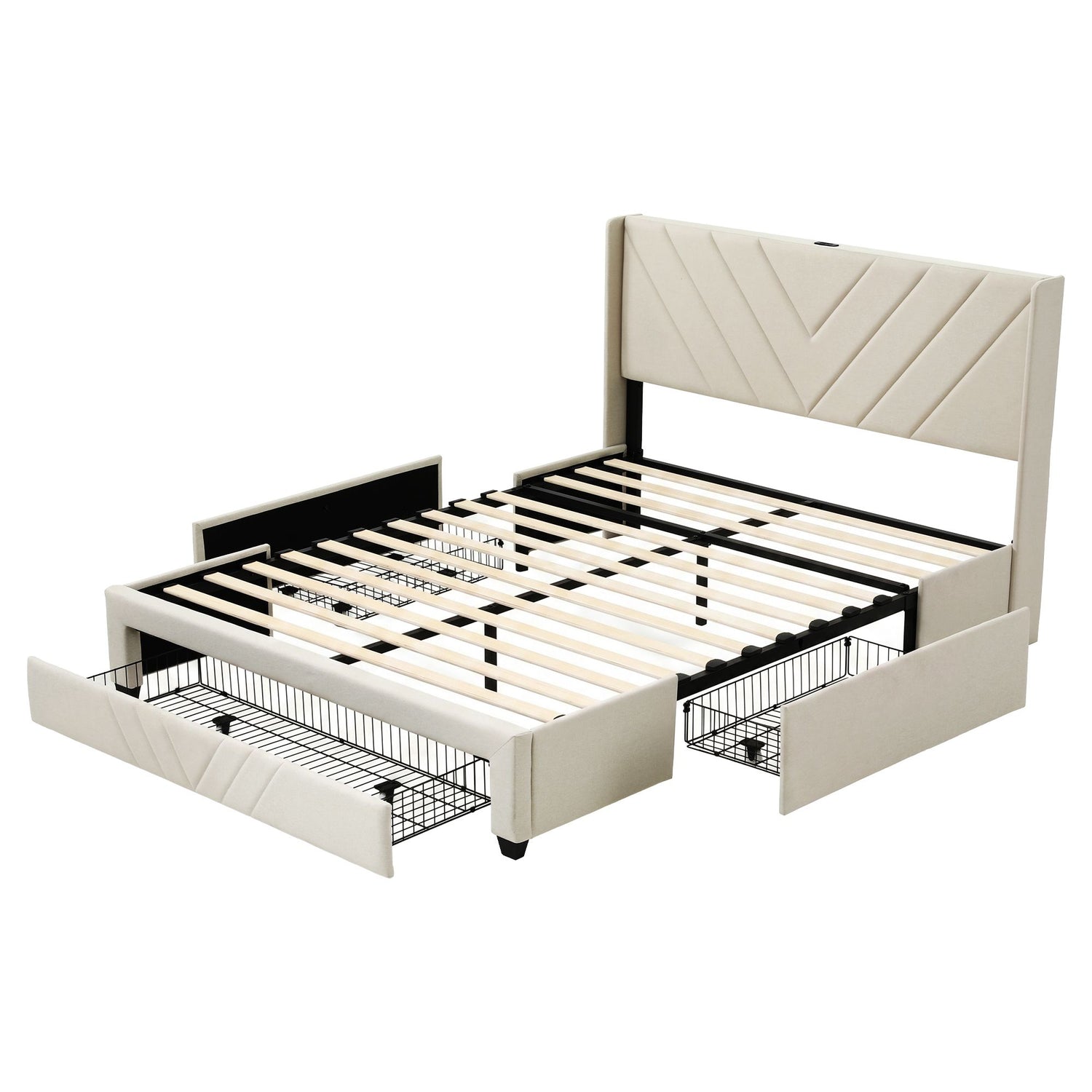 Artiss Double Bed Frame with Charging Station and Storage Drawers Beige 300KG Noise Free
