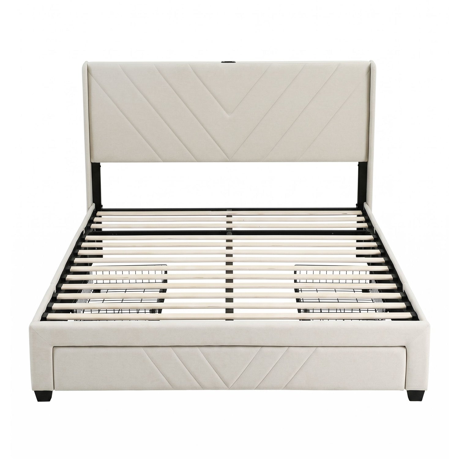 Artiss King Bed Frame with Charging Station and Storage Drawers Beige 300KG Noise Free