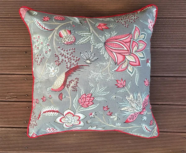 Brick Grey English Floral Fowl Chintz Cushion – Hand Screen Printed 100% Cotton 40x40cm Cover