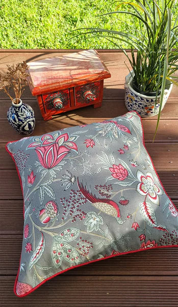 Brick Grey English Floral Fowl Chintz Cushion – Hand Screen Printed 100% Cotton 40x40cm Cover