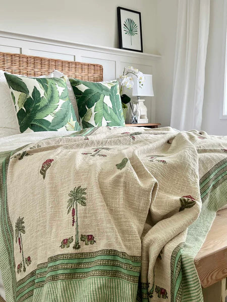 Banana Palm Tree Tassel Throw – Hand Block Printed Cotton Blanket