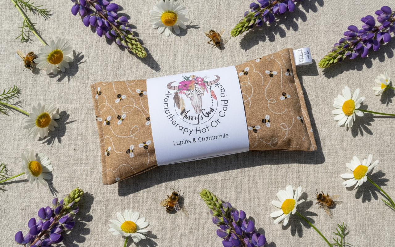 Herbal hot pack with flowers and bees on a textured surface