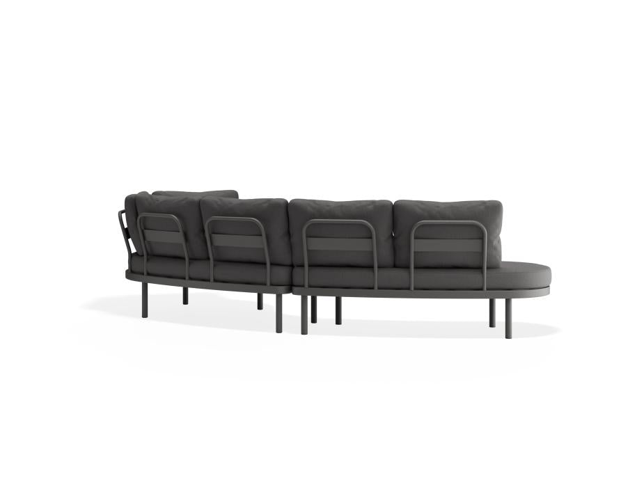 Gray sofa with black metal frame on a white background
