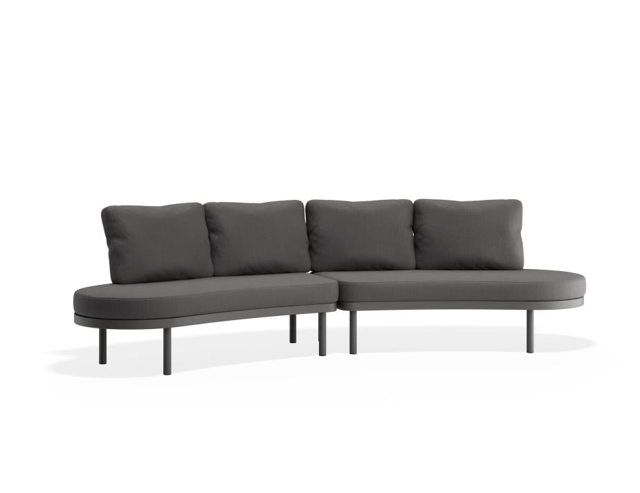 Modern grey sofa with four cushions on a white background