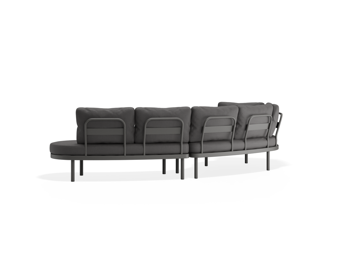 Modern grey sofa with backrests on a white background
