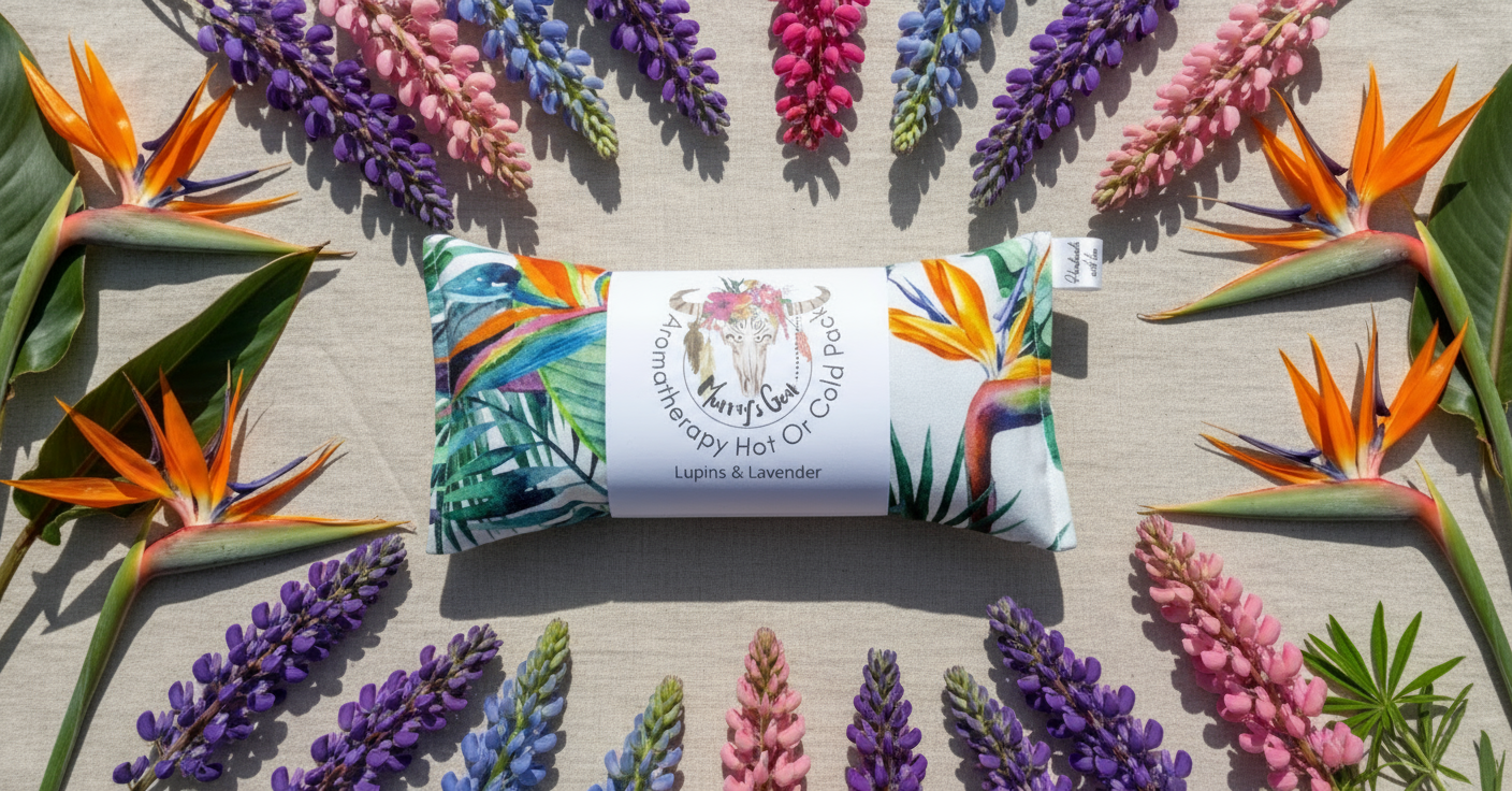 Hot and cold pack with colorful design surrounded by flowers on a textured surface