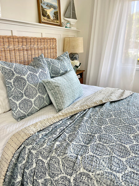 Blue & White Jaipur Palace European Cushion Cover – Handmade 100% Cotton Kantha Stitch 66x66cm