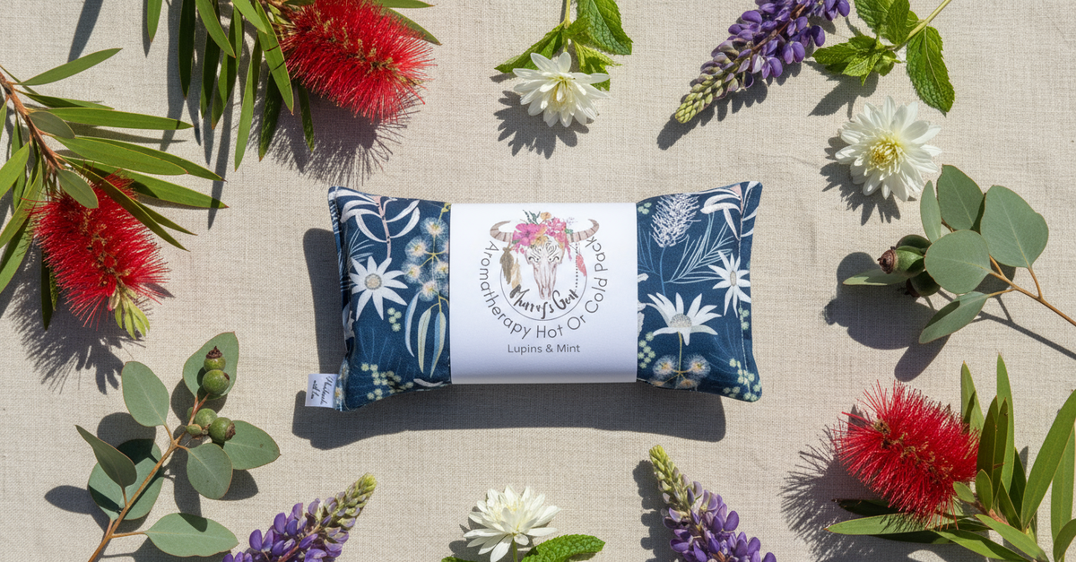 heat pack with floral design on a beige background surrounded by flowers