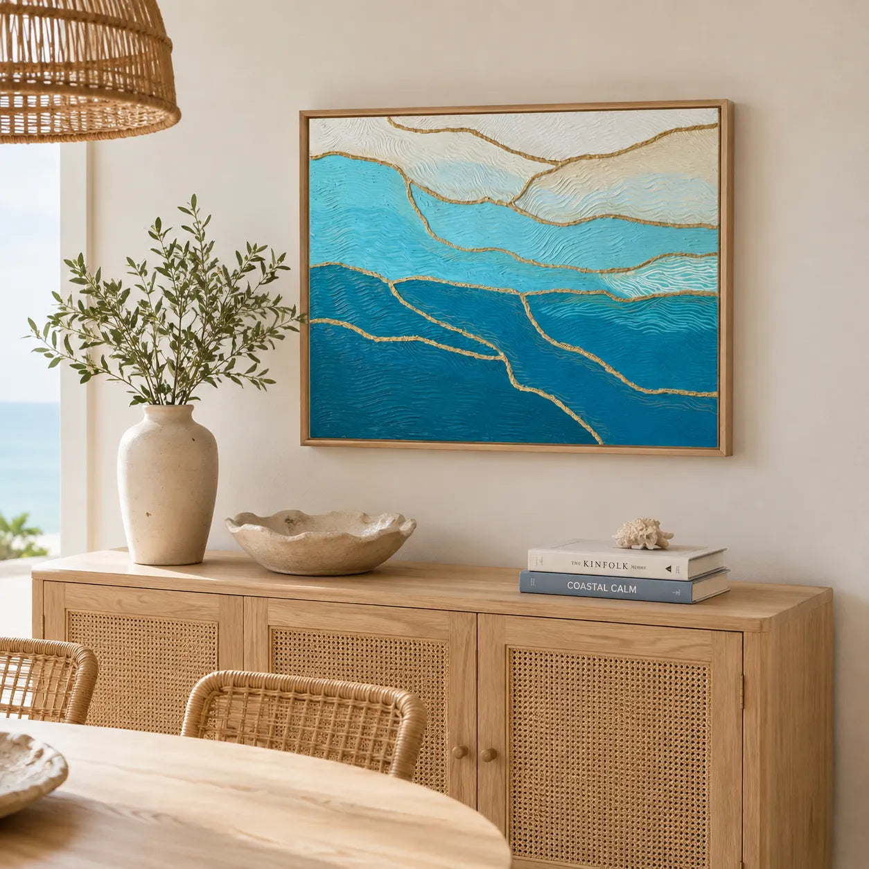 A framed abstract wall art piece with layered blue and turquoise shapes and gold linework, displayed above a light wood sideboard in a bright dining room with a vase, bowl, books, and woven chairs.
