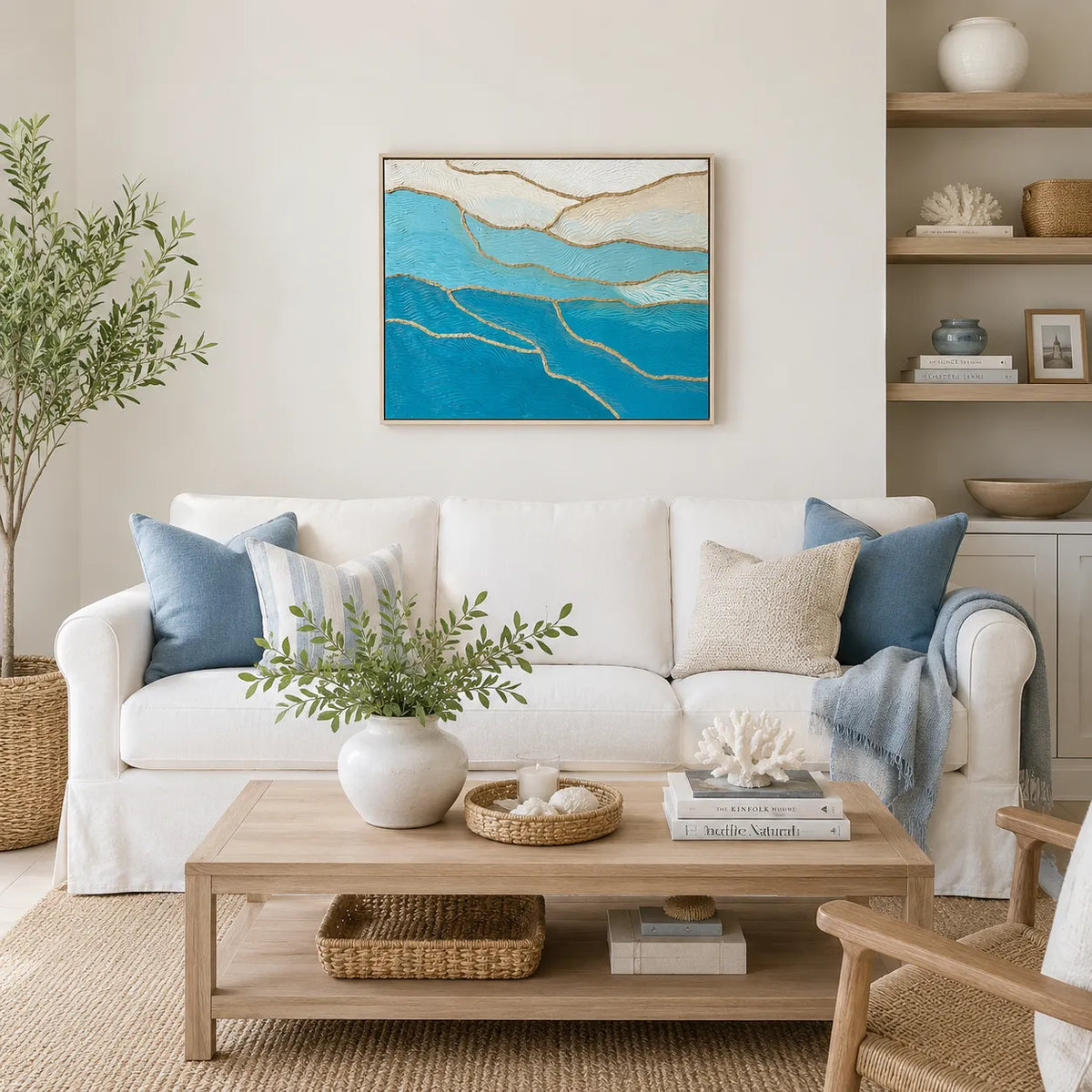 A framed abstract landscape painting with blue, teal, and beige waves hangs on a cream wall above a white sofa in a bright, modern living room.