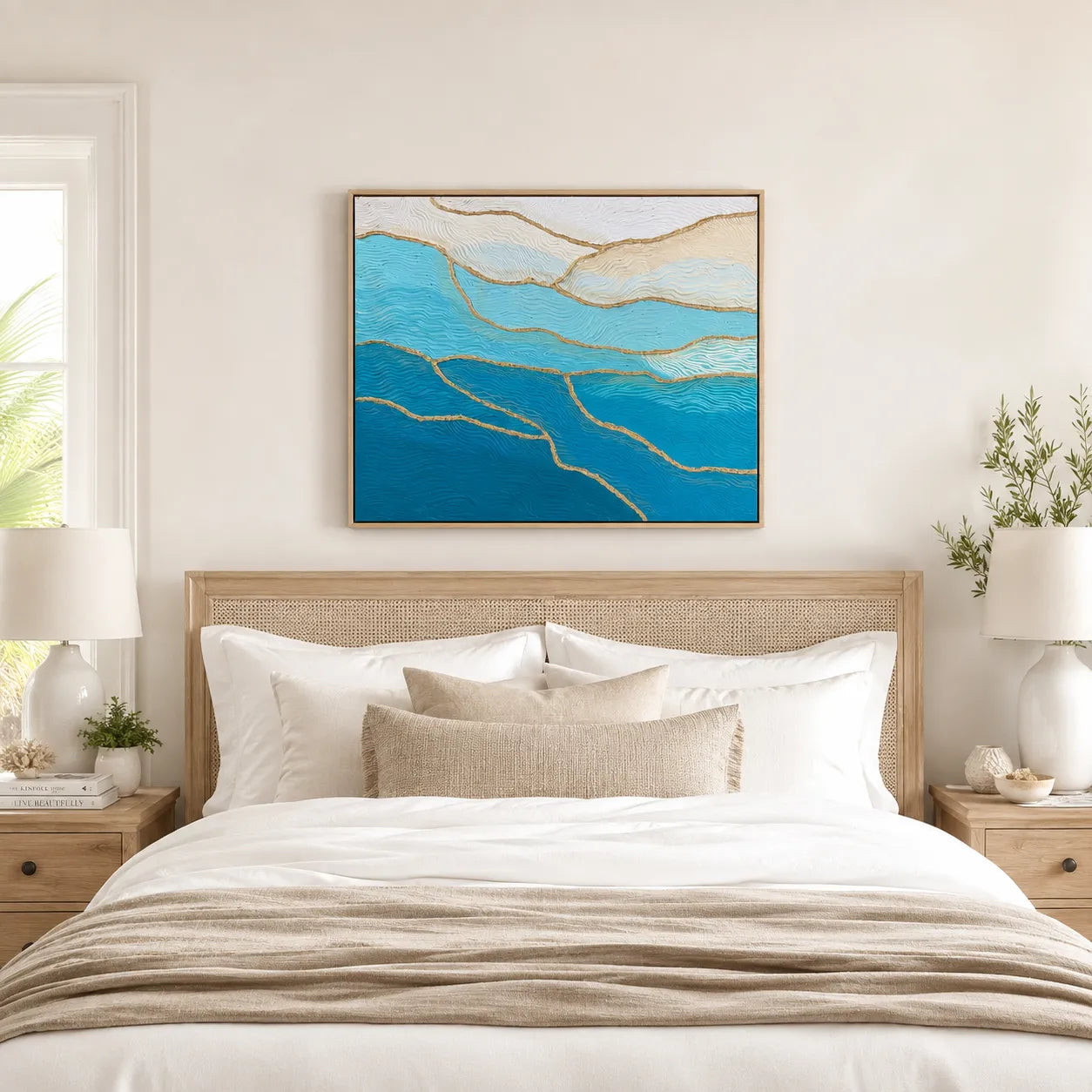 A framed abstract wall art print with flowing blue and turquoise waves and gold linework, displayed above a neatly made bed in a bright, neutral-toned bedroom.